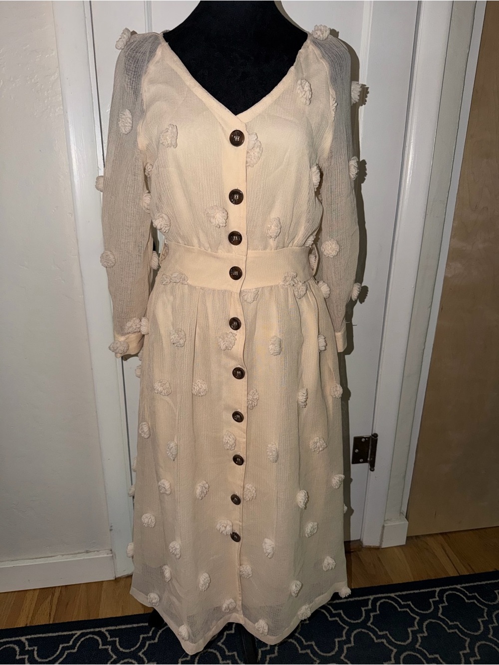 Listicle Melena Semi-Sheer Pom-Pom Belted Midi Dress.